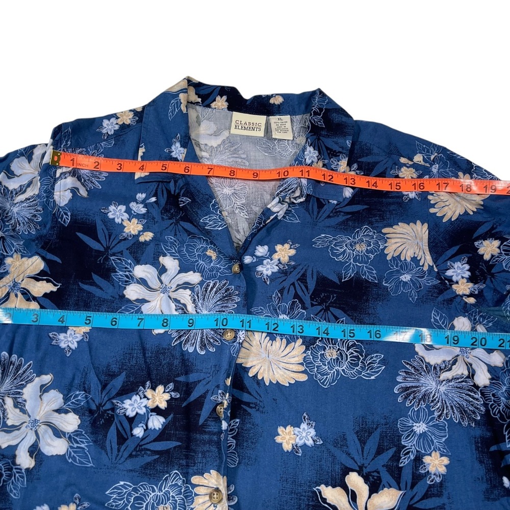Classic Elements XL Blue Floral Button Down Shirt Camp Collar Rayon Tropical - Picture 5 of 7